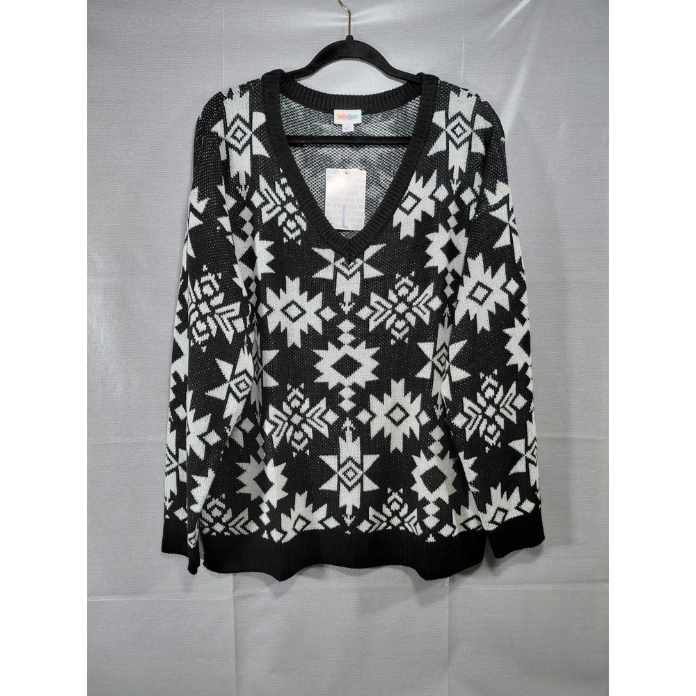 Lularoe Torrie Pullover Women's LG V Neck Sweater Black White Aztec Southwest